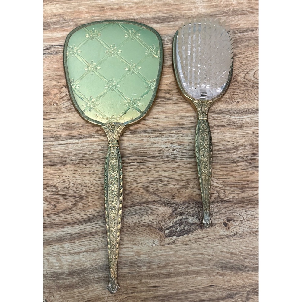 Vintage 1950s Gold Vanity Hand Mirror & Hairbrush Set Coquette Princess Core
